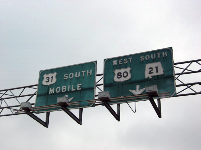 Alabama - State Highway 21, U.S. Highway 80, and U.S. Highway 31 sign.