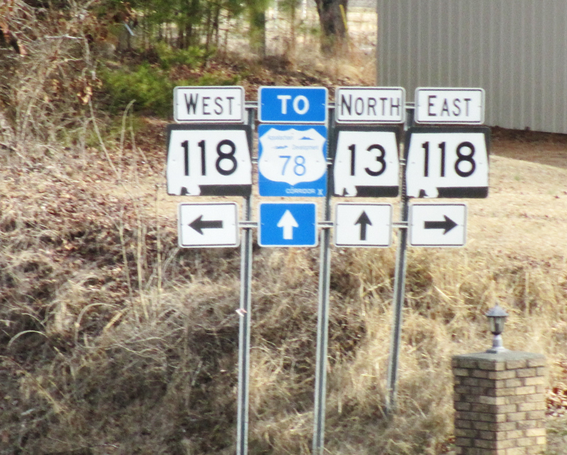 Alabama - U.S. Highway 78, State Highway 118, and State Highway 13 sign.