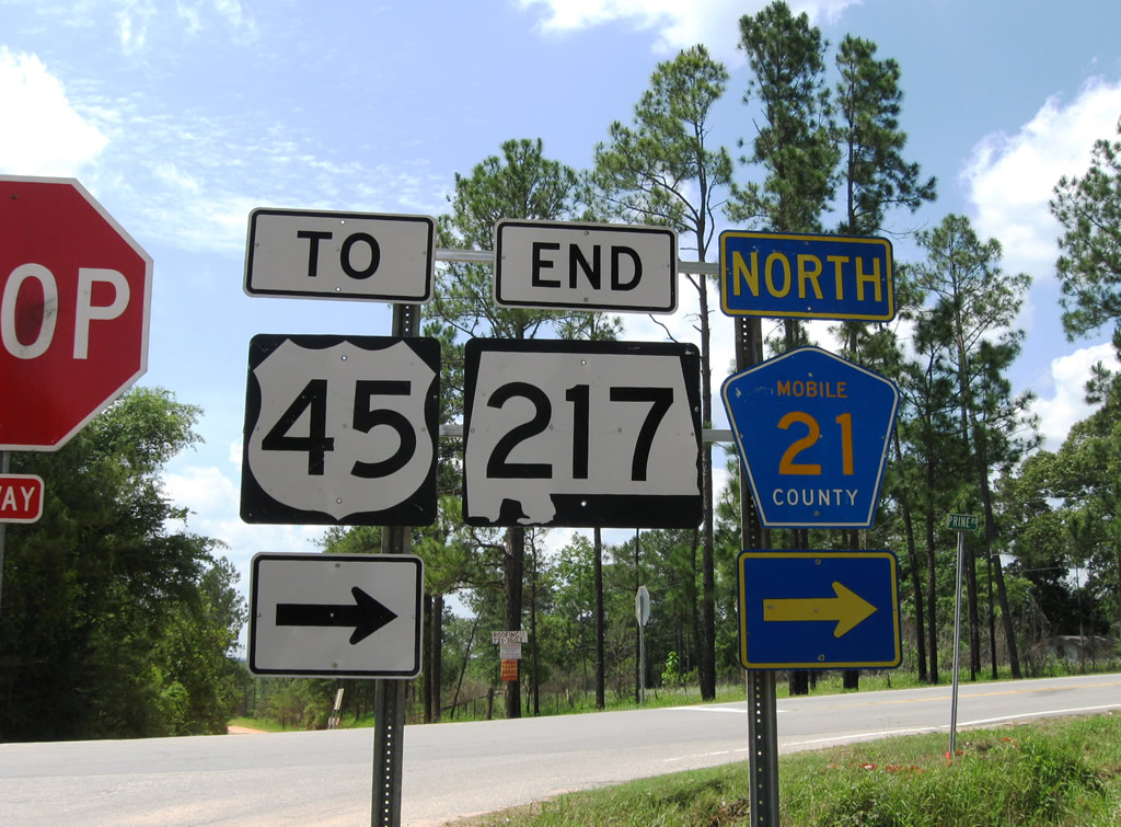 Alabama - U.S. Highway 45, Mobile County route 21, and State Highway 217 sign.
