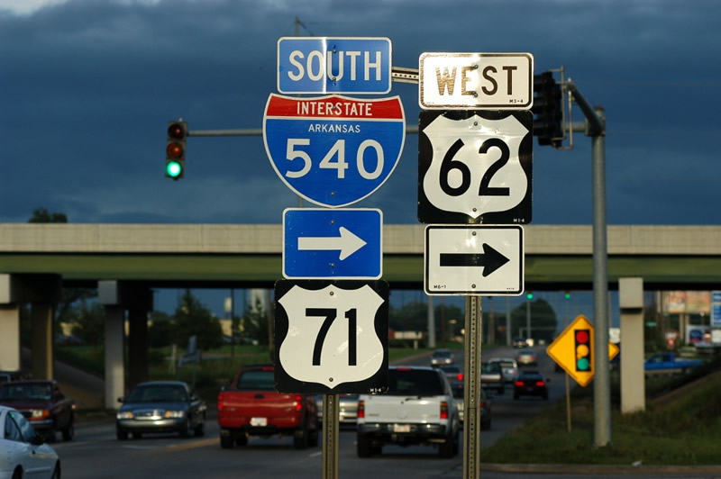 Arkansas - Interstate 540, U.S. Highway 71, and U.S. Highway 62 sign.