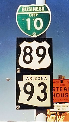 Arizona - State Highway 93, U.S. Highway 89, and business loop 10 sign.