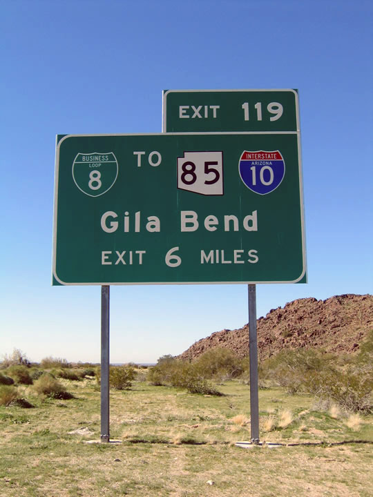 Arizona - business loop 8, State Highway 85, and Interstate 10 sign.