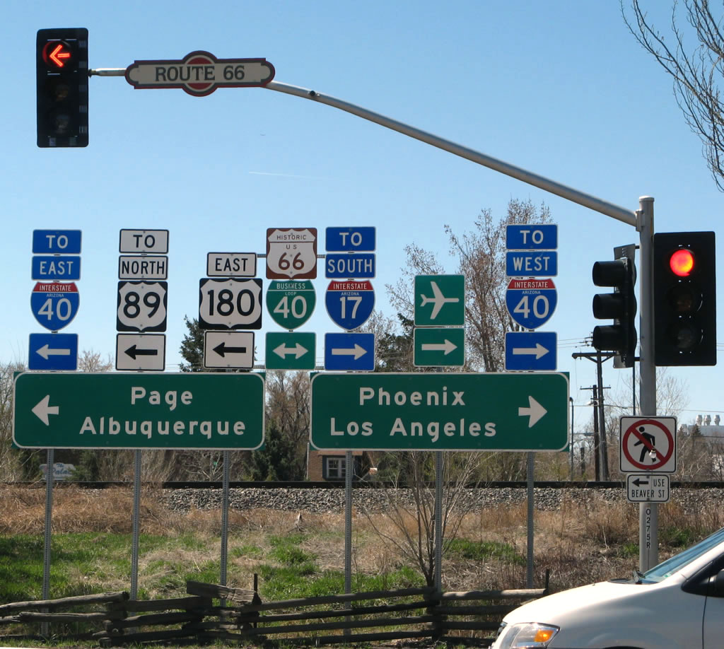 Arizona - U.S. Highway 66, Interstate 17, business loop 40, U.S. Highway 180, U.S. Highway 89, and Interstate 40 sign.