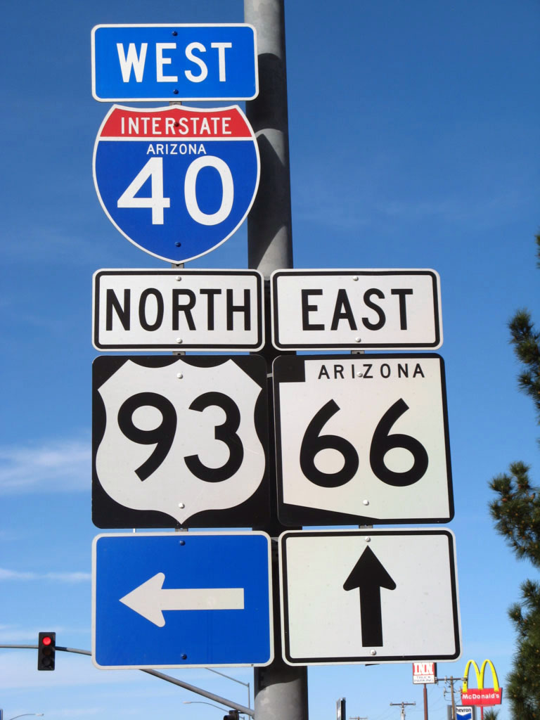 Arizona - State Highway 66, U.S. Highway 93, and Interstate 40 sign.
