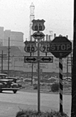 California - U.S. Highway 60, U.S. Highway 70, and U.S. Highway 99 sign.