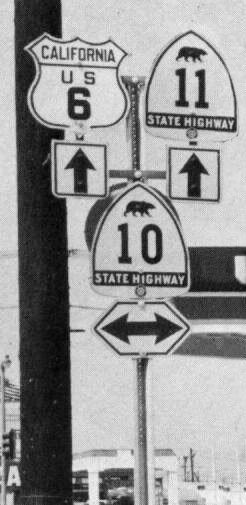 California - State Highway 11, State Highway 10, and U.S. Highway 6 sign.