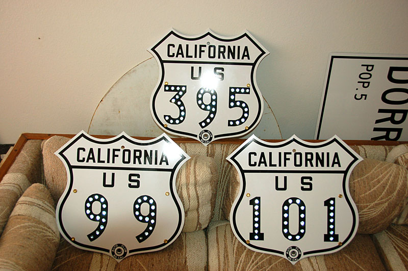 California - U.S. Highway 395, U.S. Highway 101, and U.S. Highway 99 sign.