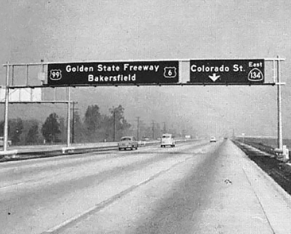 California - U.S. Highway 6, U.S. Highway 99, and State Highway 134 sign.