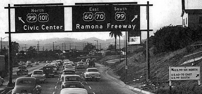 California - U.S. Highway 99, U.S. Highway 101, U.S. Highway 60, and U.S. Highway 70 sign.