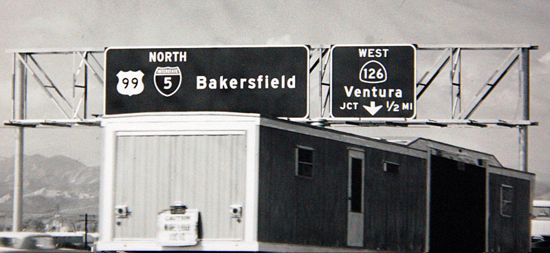 California - State Highway 126, Interstate 5, and U.S. Highway 99 sign.