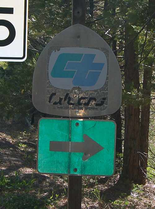 California - CalTrans maintenance depot trailblazer and State Highway 49 sign.
