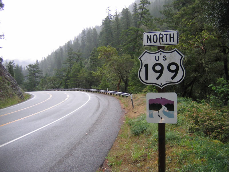 California - scenic byway and U.S. Highway 199 sign.