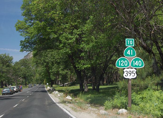 California - State Highway 140, State Highway 41, U.S. Highway 395, and State Highway 120 sign.