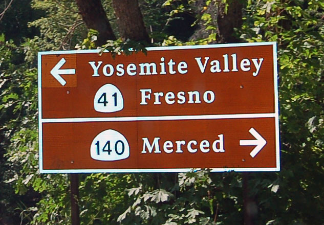 California - State Highway 140, State Highway 41, U.S. Highway 395, and State Highway 120 sign.
