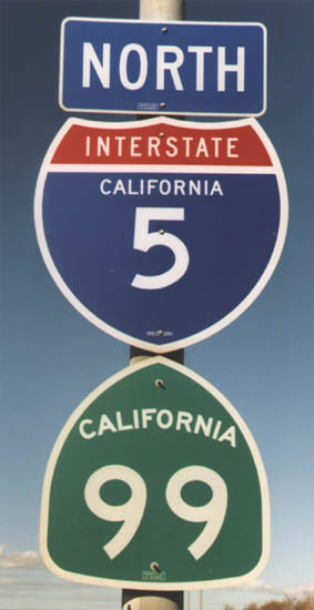 California - Interstate 5 and State Highway 99 sign.