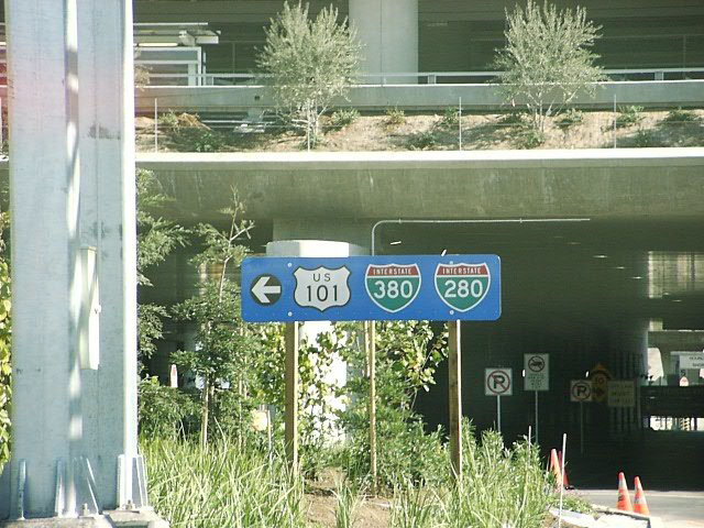 California - U.S. Highway 101, Interstate 380, and Interstate 280 sign.