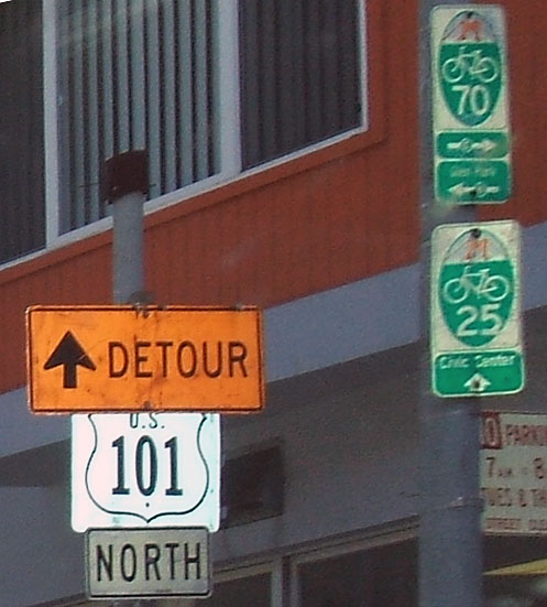 California - San Francisco bicycle route 25, San Francisco bicycle route 70, and U.S. Highway 101 sign.
