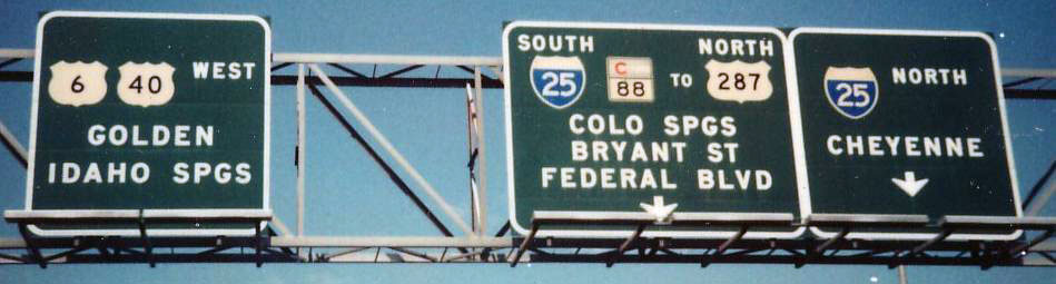 Colorado - U.S. Highway 287, State Highway 88, Interstate 25, U.S. Highway 40, and U.S. Highway 6 sign.
