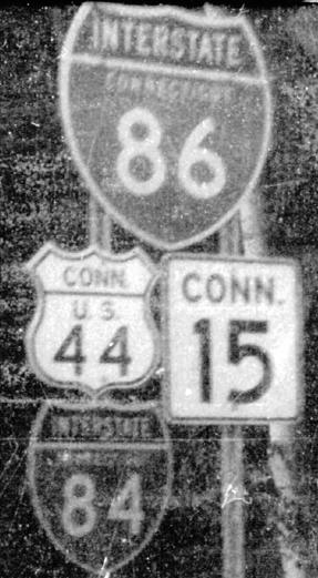 Connecticut - Interstate 84, State Highway 15, U.S. Highway 44, and Interstate 86 sign.