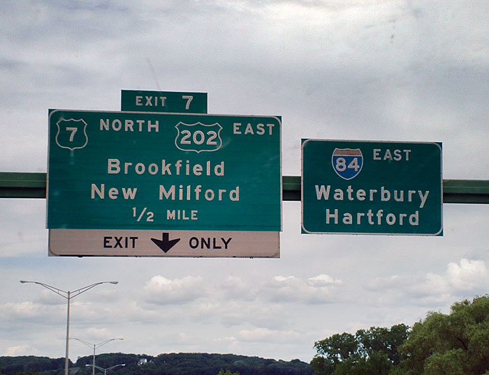 Connecticut - U.S. Highway 202, U.S. Highway 7, and Interstate 84 sign.