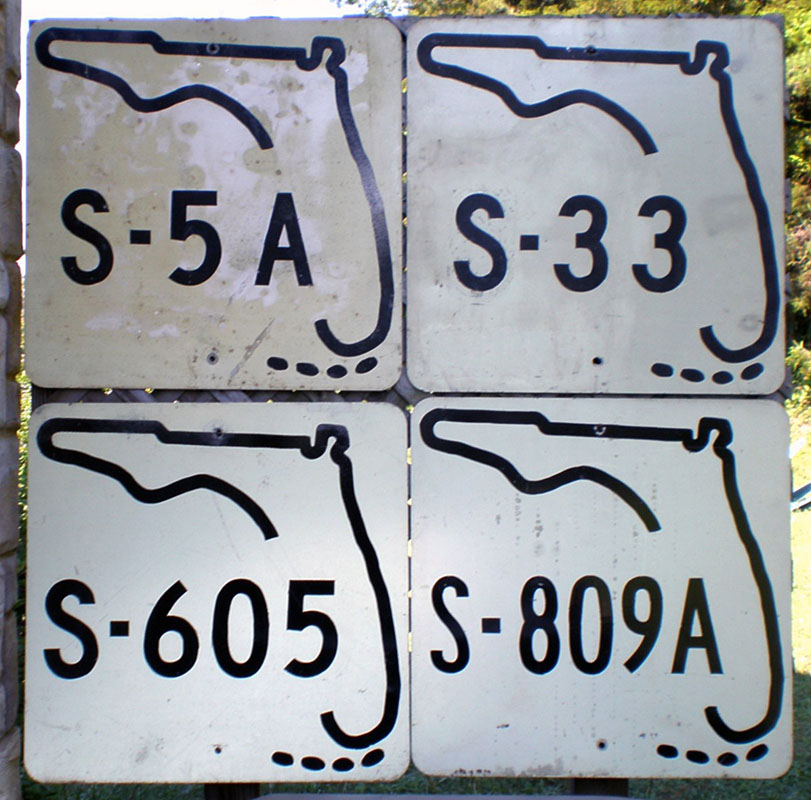 Florida - state secondary highway 33, state secondary highway 809A, state secondary highway 605, and state secondary highway 5A sign.