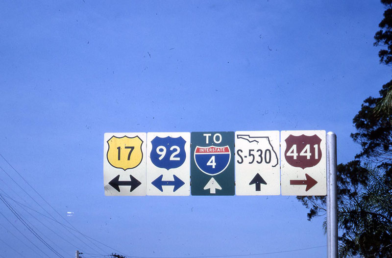 Florida - state secondary highway 530, U.S. Highway 441, Interstate 4, U.S. Highway 92, and U.S. Highway 17 sign.
