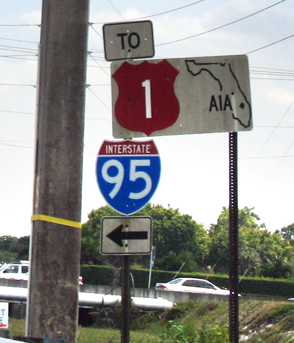 Florida - Interstate 95, state highway A1A, and U.S. Highway 1 sign.