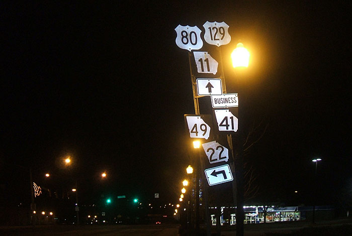 Georgia - State Highway 22, State Highway 49, State Highway 41, U.S. Highway 129, U.S. Highway 80, and State Highway 11 sign.