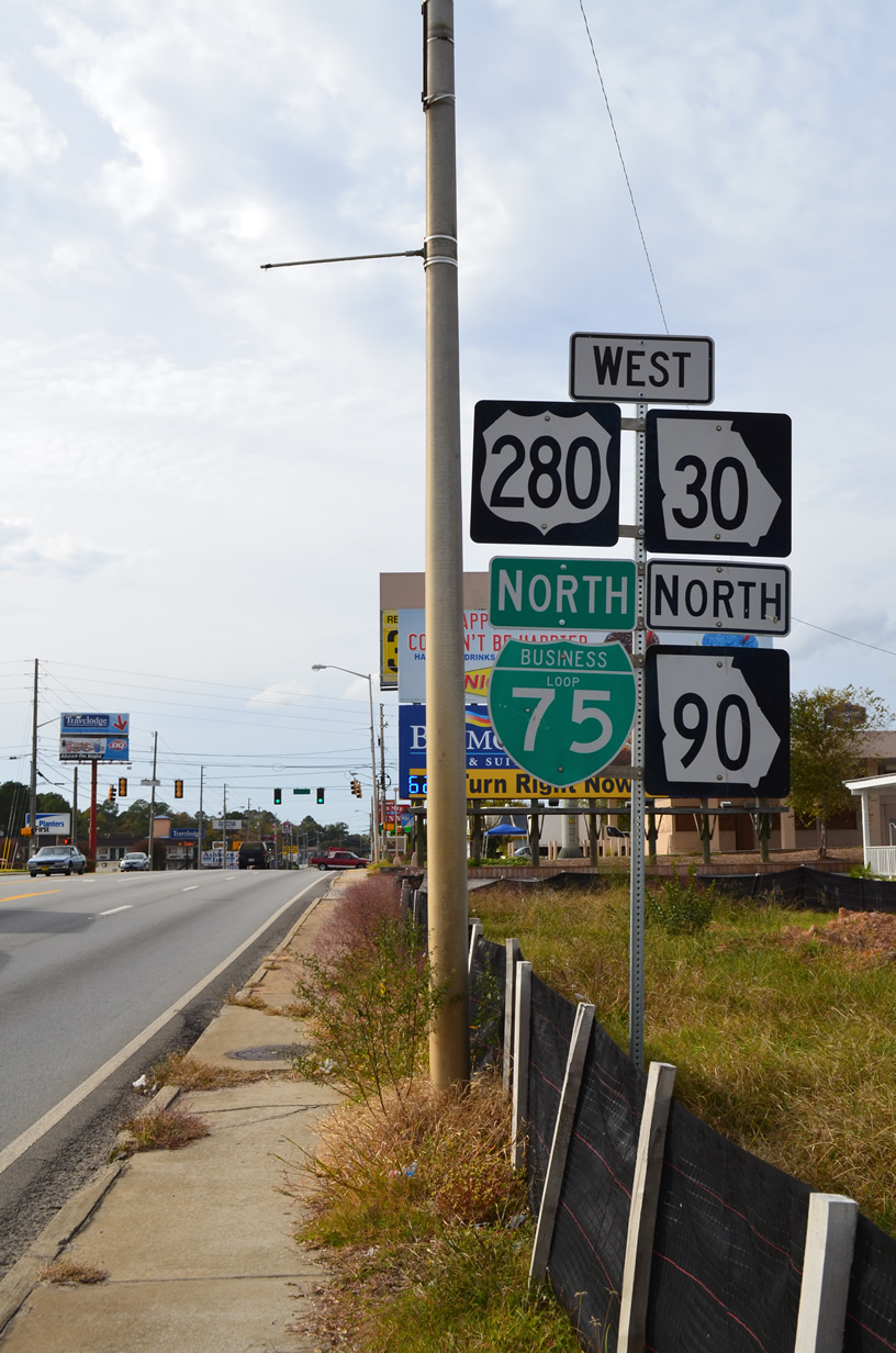 Georgia - State Highway 30, State Highway 90, U.S. Highway 280, and business loop 75 sign.