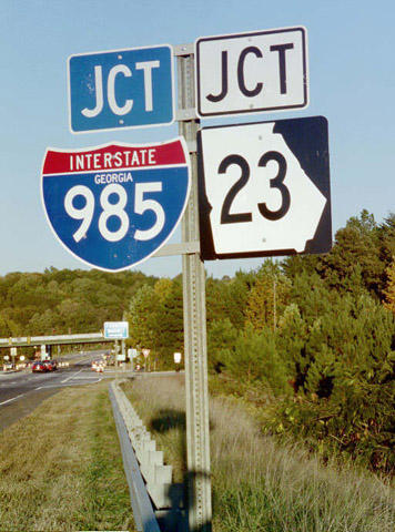 Georgia - Interstate 985 and State Highway 23 sign.