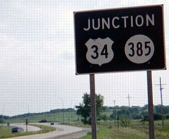 Iowa - State Highway 385 and U.S. Highway 34 sign.