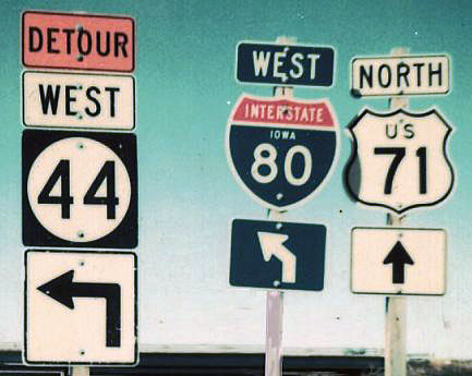 Iowa - U.S. Highway 71, State Highway 44, and Interstate 80 sign.