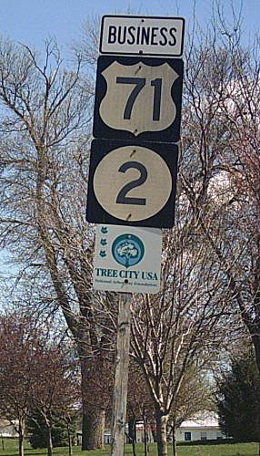 Iowa - State Highway 2 and U.S. Highway 71 sign.