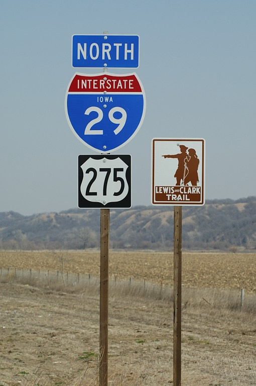 Iowa - Interstate 29, Lewis and Clark Trail, and U.S. Highway 275 sign.