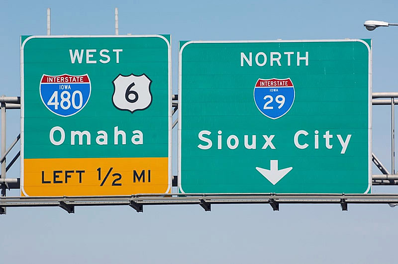 Iowa - Interstate 480, U.S. Highway 6, and Interstate 29 sign.