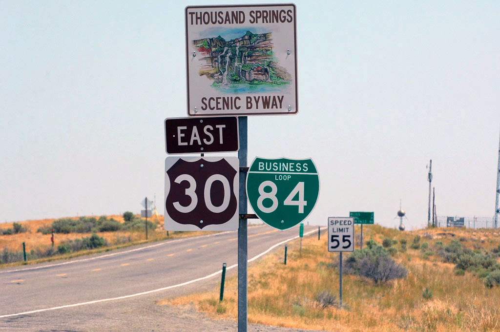 Idaho - Thousand Springs Scenic Byway, scenic U. S. highway 30, and business loop 84 sign.