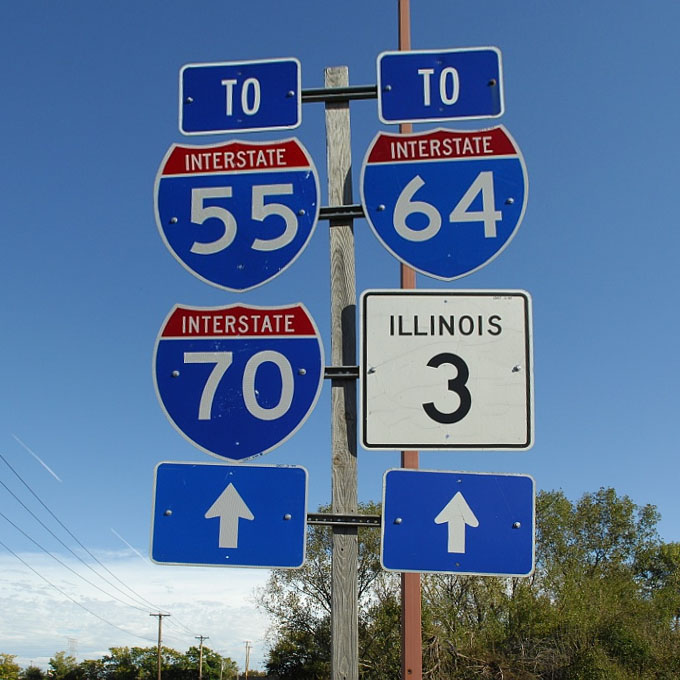 Illinois - State Highway 3, Interstate 55, Interstate 70, and Interstate 64 sign.