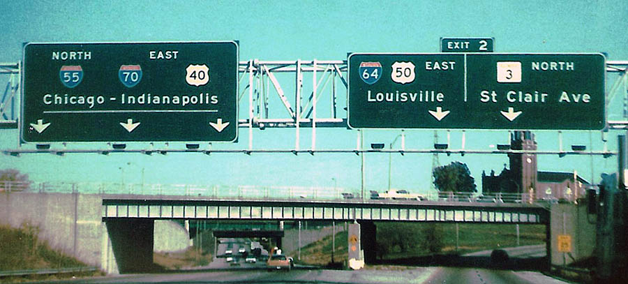 Illinois - State Highway 3, U.S. Highway 50, Interstate 64, U.S. Highway 40, Interstate 70, and Interstate 55 sign.
