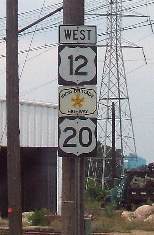Indiana - Iron Brigade Highway, U.S. Highway 20, and U.S. Highway 12 sign.