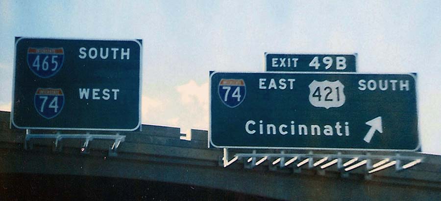 Indiana - U.S. Highway 421, Interstate 465, and Interstate 74 sign.
