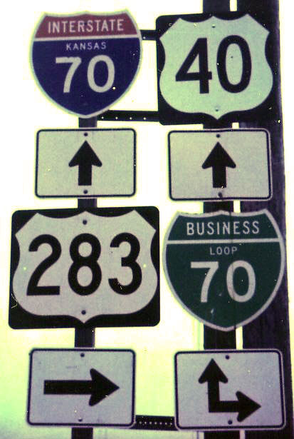 Kansas - business loop 70, U.S. Highway 283, U.S. Highway 40, and Interstate 70 sign.