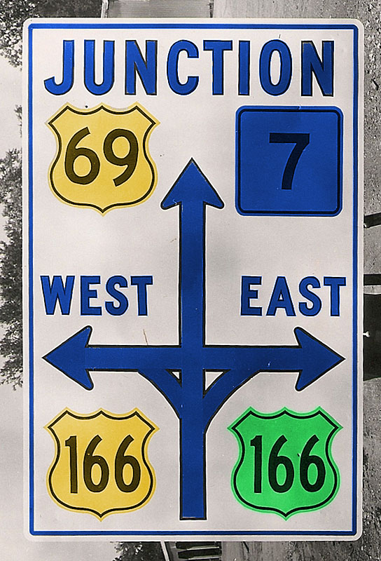 Kansas - U.S. Highway 166, State Highway 7, and U.S. Highway 69 sign.