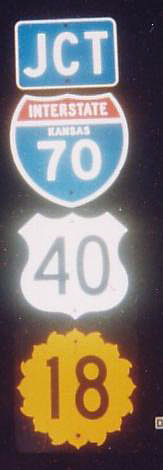 Kansas - State Highway 18, U.S. Highway 40, and Interstate 70 sign.