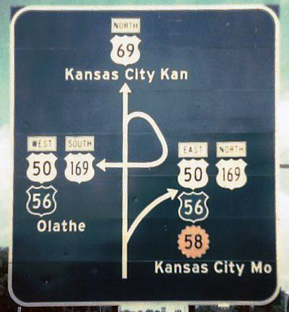 Kansas - U.S. Highway 69, U.S. Highway 169, State Highway 58, U.S. Highway 56, and U.S. Highway 50 sign.