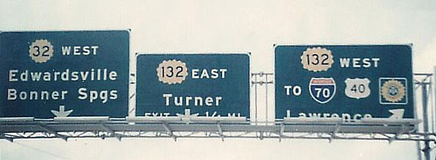 Kansas - Kansas Turnpike, U.S. Highway 40, Interstate 70, State Highway 132, and State Highway 32 sign.