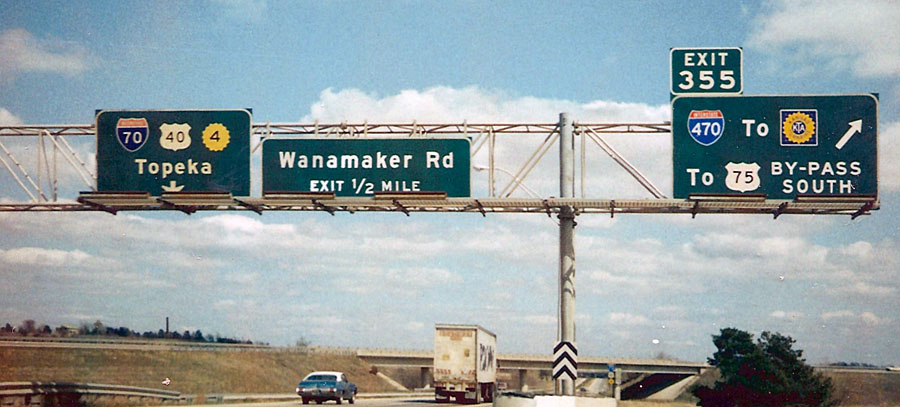 Kansas - U.S. Highway 40, U.S. Highway 75, Kansas Turnpike, Interstate 470, State Highway 4, and Interstate 70 sign.