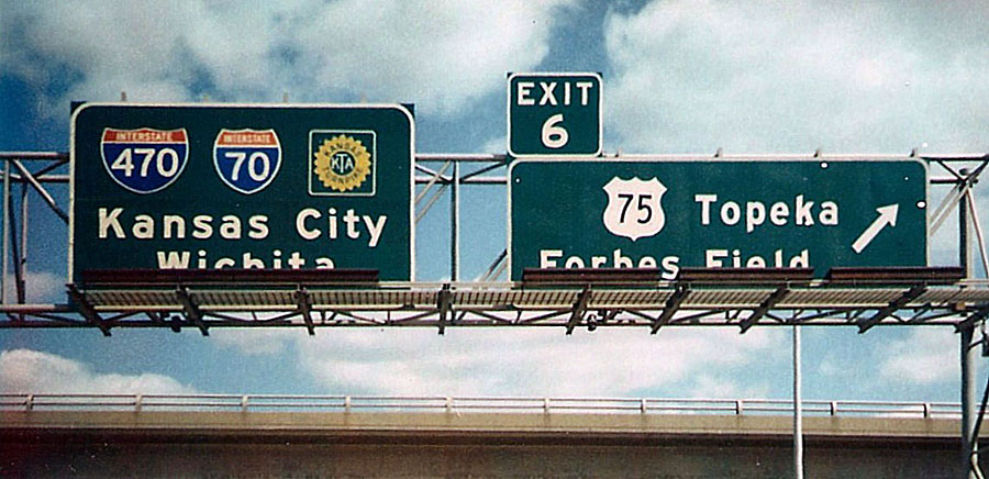 Kansas - U.S. Highway 75, Interstate 470, Kansas Turnpike, and Interstate 70 sign.