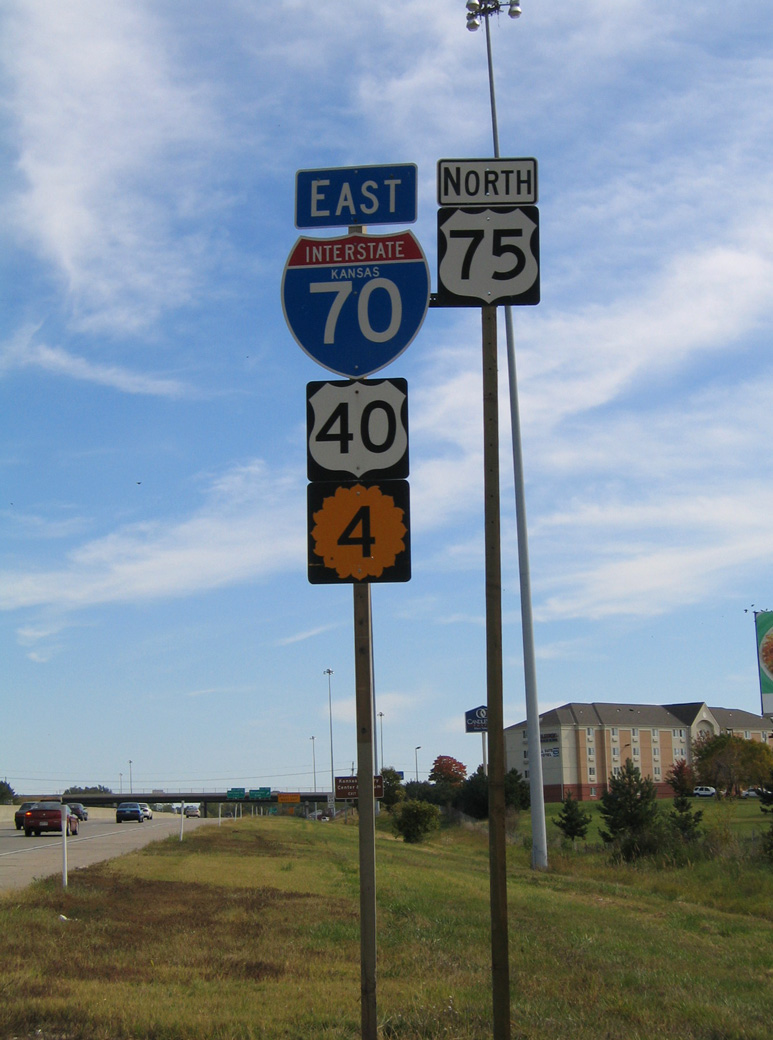 Kansas - Interstate 70, U.S. Highway 75, State Highway 4, and U.S. Highway 40 sign.