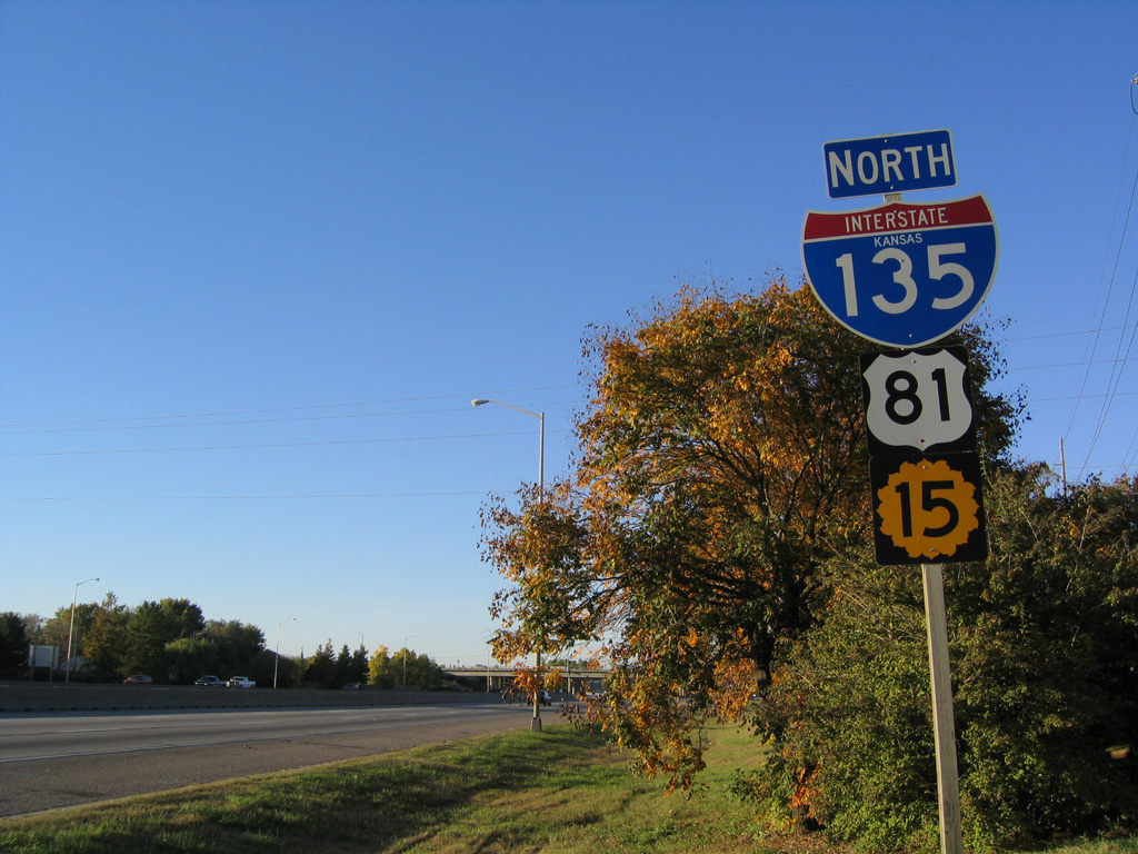 Kansas - Interstate 135, State Highway 15, and U.S. Highway 81 sign.