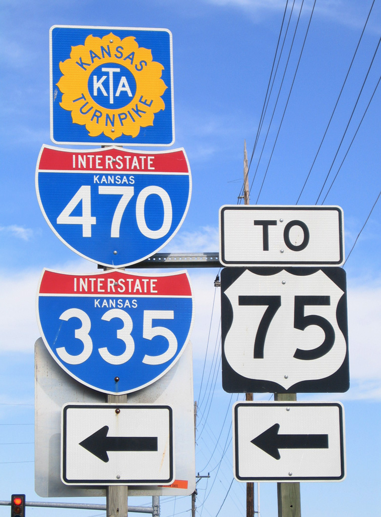 Kansas - Interstate 335, U.S. Highway 75, and Interstate 470 sign.